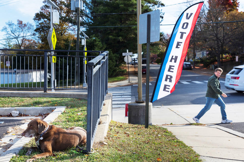 A pedestrian walks past a voter’s dog outside the Arlington County School Board building on Nov. 8, 2022, in Arlington, Virginia.