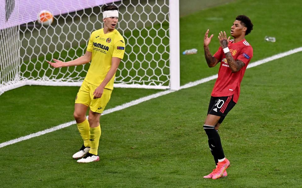 Marcus Rashford of Manchester United reacts after a missed chance during the UEFA Europa League Final between Villarreal CF and Manchester United at Gdansk Arena on May 26, 2021 in Gdansk, Poland -  Tullio Puglia - UEFA