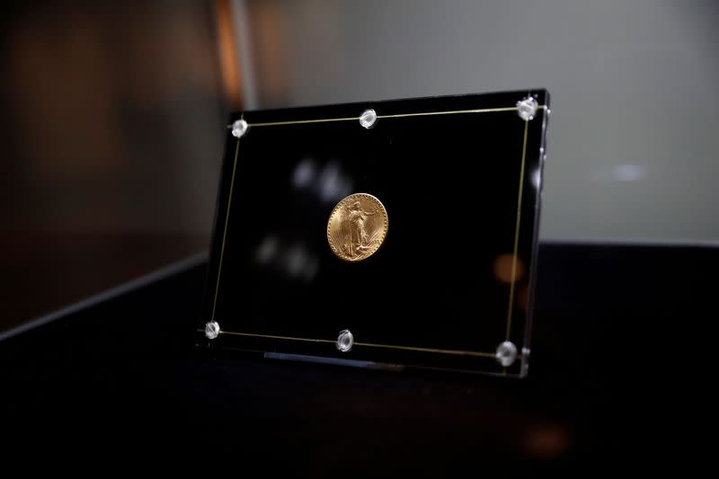 FILE PHOTO: The 1933 Double Eagle coin is seen encased during a media preview before auction at Sotheby's in New York City