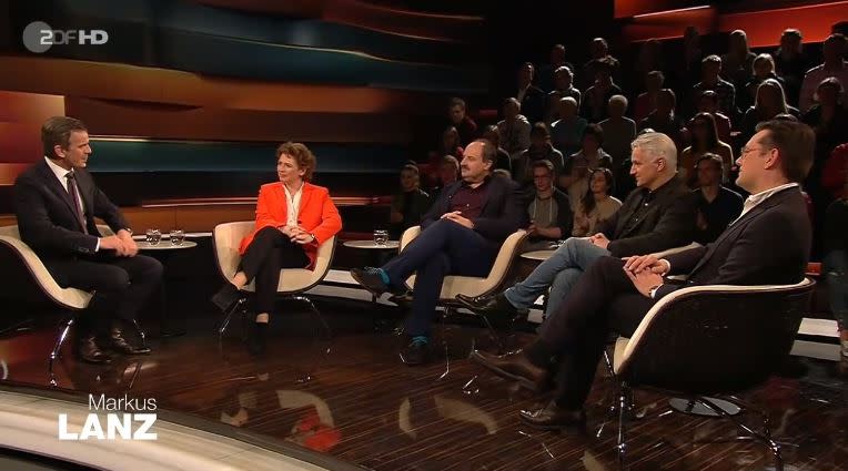 Zu Gast bei Markus Lanz: FDP-Generalsekretärin Nicola Beer, Starkoch Johann Lafer, Dr. Harald Schneider vom Hessischen LKA und Journalist Florian Eder. (Foto: Screenshot ZDF).