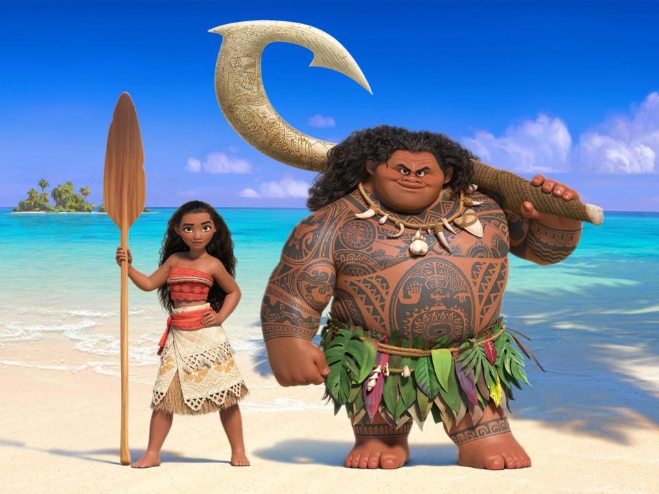 Auli'I Cravalho and Dwayne Johnson as Moana and Maui