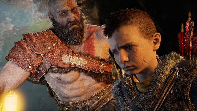 Kratos and Atreus are seen sitting in a boat, with Atreus' expression seeming troubled.