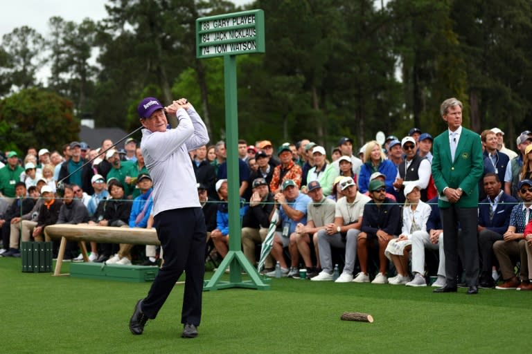 Former Masters champion Tom Watson plays his tee shot in the Honorary Starters ceremony as Fred Ridley the Chairman of Augusta National Golf Club, watches during the first round of the 2024 Masters Tournament at Augusta National Golf Club on Thursday. (Maddie Meyer)