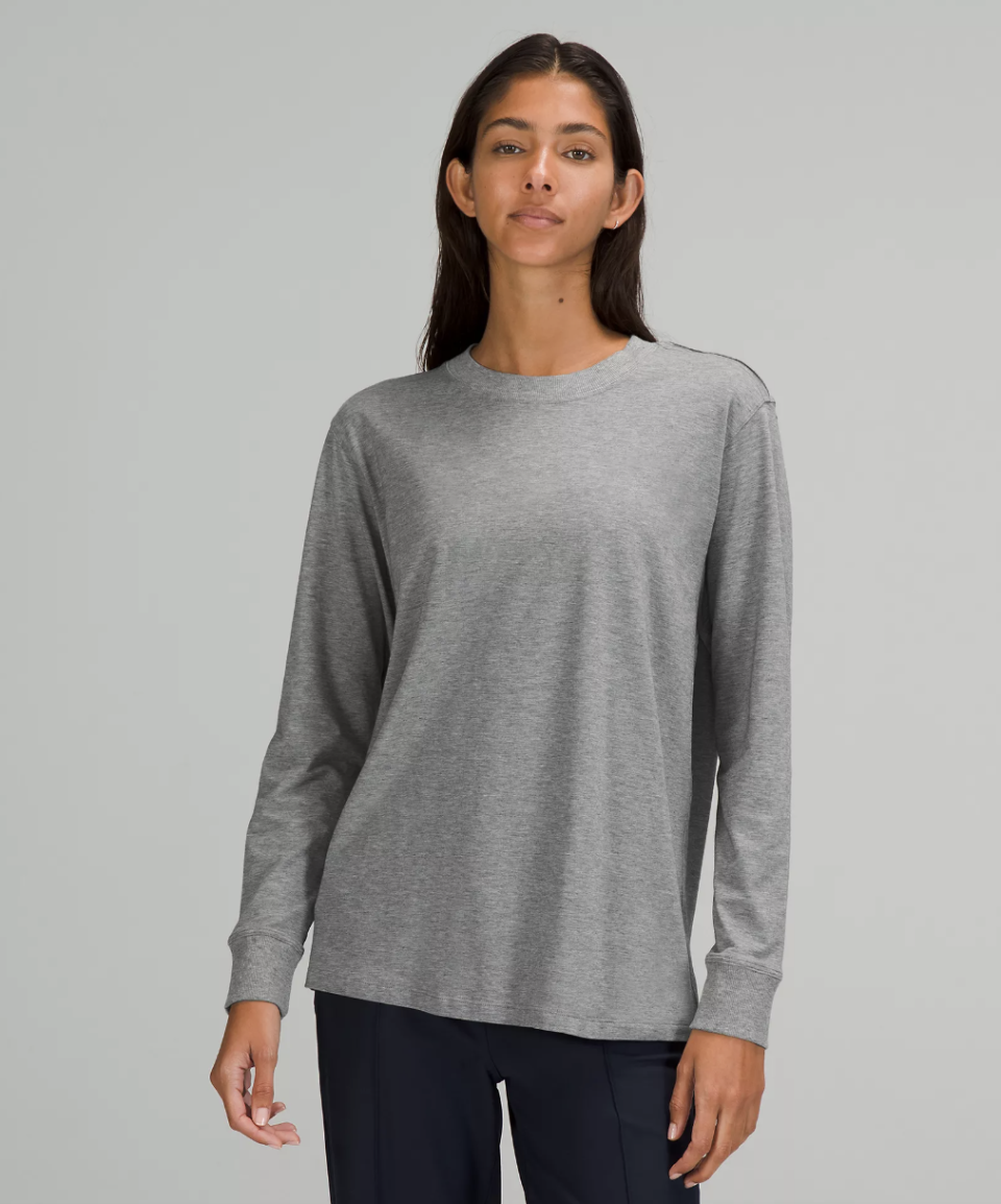 Lululemon All Yours Cotton Long Sleeve Shirt in heathered medium grey (Photo via Lululemon)