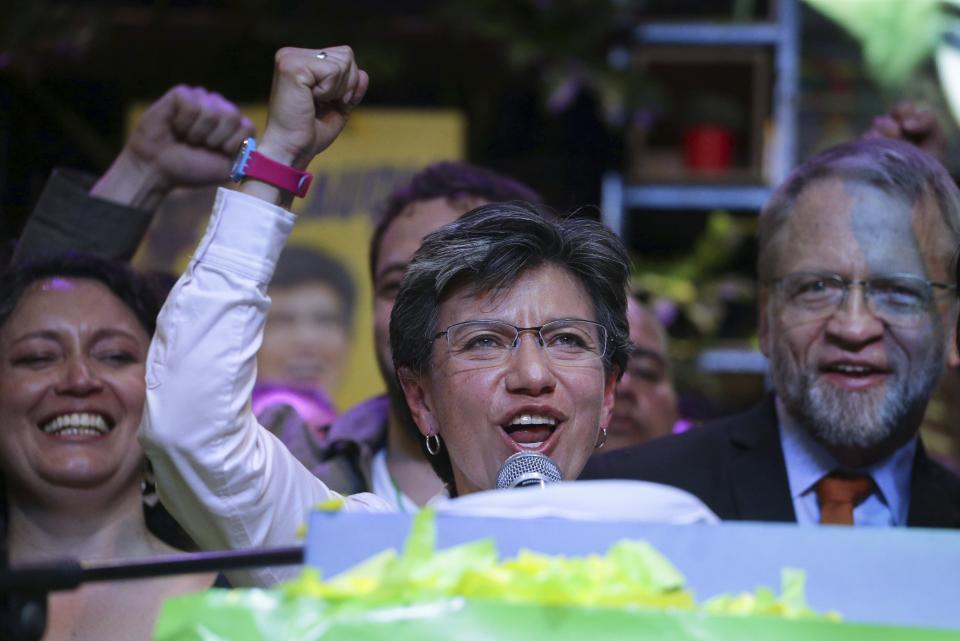 Claudia Lopez with the Green Alliance celebrates her election victory as mayor of Bogota, in Bogota, Colombia, Sunday, Oct. 27, 2019. Colombians went to the polls to choose mayors, state governors and local assemblies. (AP Photo/Ivan Valencia)