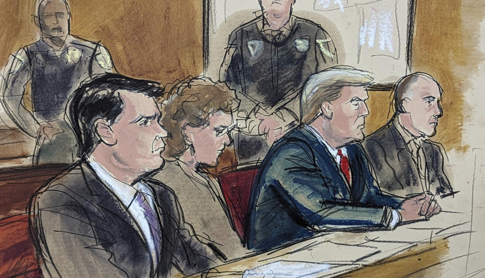 In this courtroom sketch, in New York, Thursday, Feb. 15, 2024, Donald Trump, third left, is seated with his defense team, from left: Todd Blanche, Susan Necheles; and Emil Bove, right. Trump's New York hush-money case will start March 25, 2024, the first of his criminal trials. (Elizabeth Williams via AP)