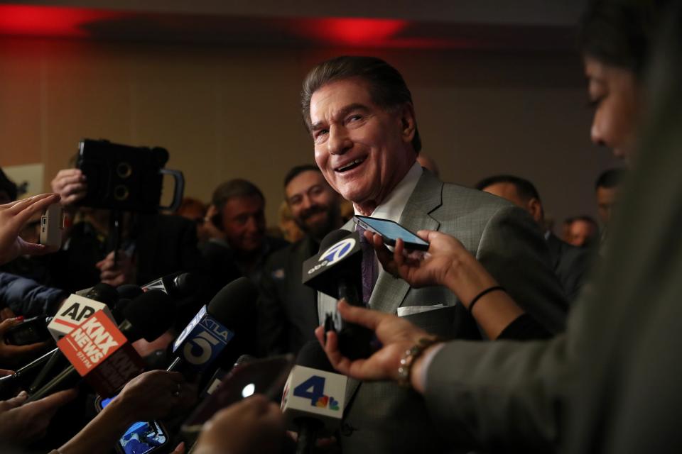 Steve Garvey, Republican candidate for California's open U.S. Senate seat, speaks to the media during his election night watch party in Palm Desert, California, on Super Tuesday, March 5, 2024.