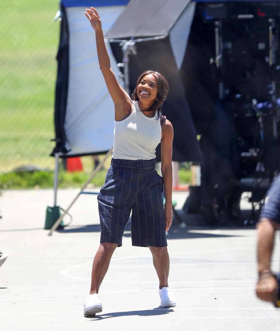 <p>Gabrielle Union hits the set of <em>Truth Be Told</em> at Griffith Park in L.A. on May 12. </p>