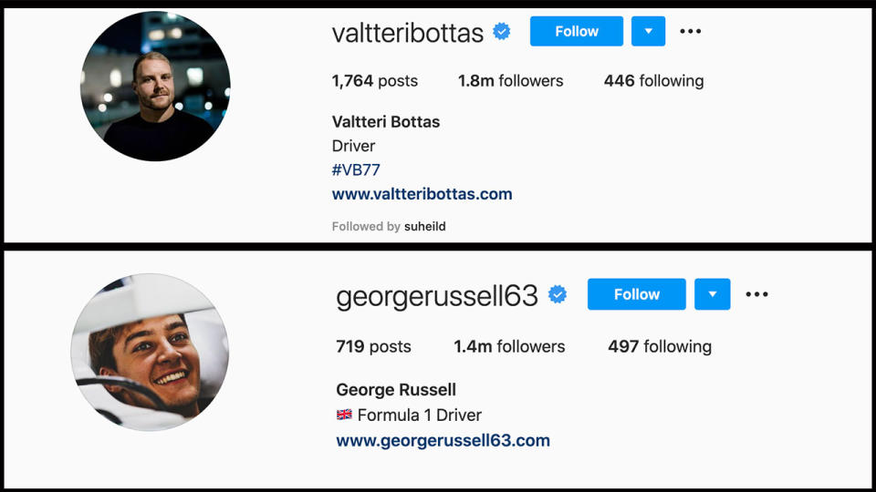 Seen here, the Instagram bios of Valtteri Bottas and George Russell.