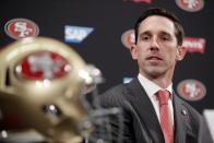 San Francisco 49ers head coach Kyle Shanahan answers questions during an NFL football press conference Thursday, Feb. 9, 2017, in Santa Clara, Calif. (AP Photo/Marcio Jose Sanchez)