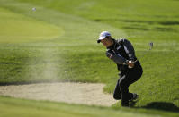 Peiyun Chien, of Taiwan, follows her shot out of a bunker up to the 10th green of the Lake Merced Golf Club during the first round of the LPGA Mediheal Championship golf tournament Thursday, May 2, 2019, in Daly City, Calif. (AP Photo/Eric Risberg)