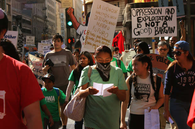 <em>A group of protestors march through downtown L.A. in November 2017 as part of an "Anti-Sweatshop Saturday" demonstration against Ross.</em><p>Photo: Aditi Mayer</p>