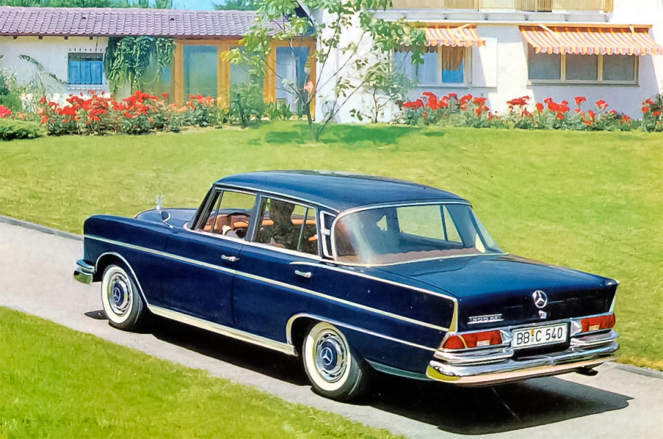 <p>The W111 was the first Mercedes with what would become a classic look for the brand, with tall, vertical headlight units on either side of a prominent grille. At the back, there was a shorter-lived styling cue – <strong>tailfins</strong> which, though extremely modest by American standards of the time, were prominent in European terms.</p><p>All the early Fintail cars had six-cylinder engines, but the fins appeared on the four-cylinder W110 series in 1961. They began to look old-fashioned later in the decade, and were abandoned entirely in 1968.</p>