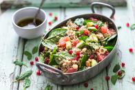 <p><a href="https://www.prevention.com/food-nutrition/a20494431/one-pot-quinoa-recipes/" rel="nofollow noopener" target="_blank" data-ylk="slk:Quinoa;elm:context_link;itc:0;sec:content-canvas" class="link ">Quinoa</a> makes every list of superfoods for good reason: It’s packed with <a href="https://www.prevention.com/food-nutrition/healthy-eating/g26895324/complete-protein-foods-list/" rel="nofollow noopener" target="_blank" data-ylk="slk:plant-based “complete” protein;elm:context_link;itc:0;sec:content-canvas" class="link ">plant-based “complete” protein</a>—the type that contains all nine essential amino acids your body needs. It’s also solid on fiber to aid your digestion, and is practically multivitamin-heavy when it comes to nutrients like iron, magnesium, calcium, potassium, and folate. Try it as a dinner side or in place of meat in dishes like stuffed peppers. </p><p><strong>Try it: </strong><a href="https://www.prevention.com/food-nutrition/recipes/a20519981/quinoa-black-bean-and-avocado-salad/" rel="nofollow noopener" target="_blank" data-ylk="slk:Quinoa, Black Bean, and Avocado Salad;elm:context_link;itc:0;sec:content-canvas" class="link ">Quinoa, Black Bean, and Avocado Salad</a></p>