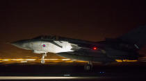 <p>In this image released by Britain’s Ministry of Defense, an RAF Tornado comes into land at Britain Royal Air Force base in Akrotiri, Cyprus, after its mission to conduct strikes in support of operations over the Middle East Saturday, April 14, 2018. (Photo: Cpl L Matthews/MoD via AP) </p>