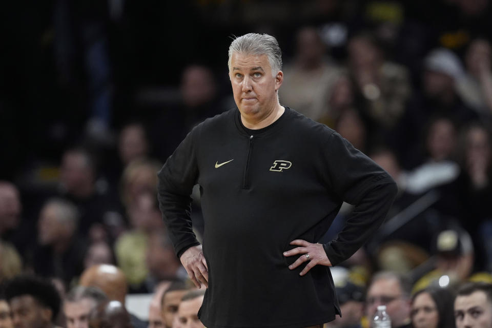 Purdue head coach Matt Painter watches from the bench during the first half of an NCAA college basketball game against Iowa, Saturday, Jan. 20, 2024, in Iowa City, Iowa. (AP Photo/Charlie Neibergall)