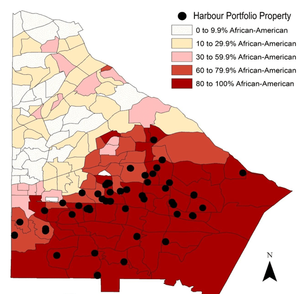 This map, included in the Legal Aid complaint, shows the racial composition of the areas where Harbour properties are located in one Atlanta county. (Atlanta Legal Aid Society)