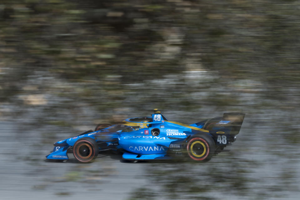 Chip Ganassi Racing driver Jimmie Johnson, of the U.S., brakes into Turn 9 during the IndyCar season finale auto race at Laguna Seca Raceway on Sunday, Sept. 11, 2022, Monterey, Calif. (AP Photo/Nic Coury)