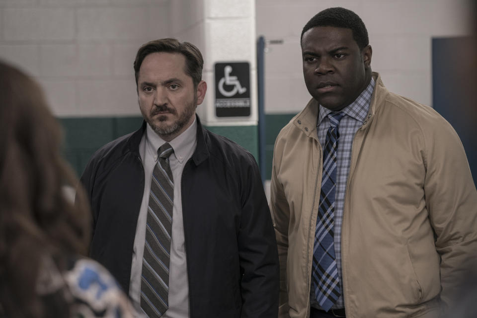 This image released by HBI Max shows Ben Falcone, left, and Sam Richardson in a scene from "Superintelligence." (Hopper Stone/HBO Max via AP)