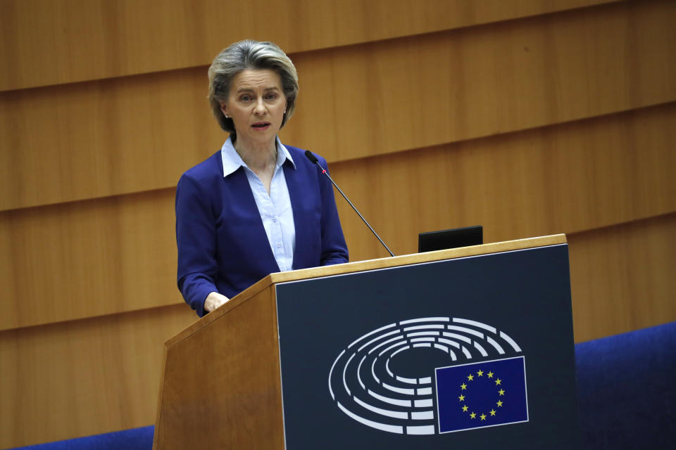 European Commission President Ursula von der Leyen speaks during a debate on the united EU approach to COVID-19 vaccinations at the European Parliament in Brussels, Wednesday, Feb. 10, 2021. (AP Photo/Francisco Seco)