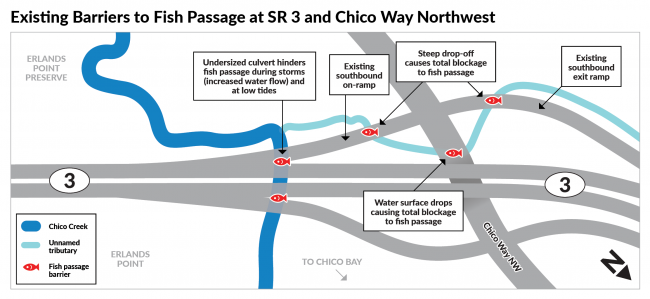 A view of existing fish passage barriers on Chico Creek and a tributary near Highway 3.