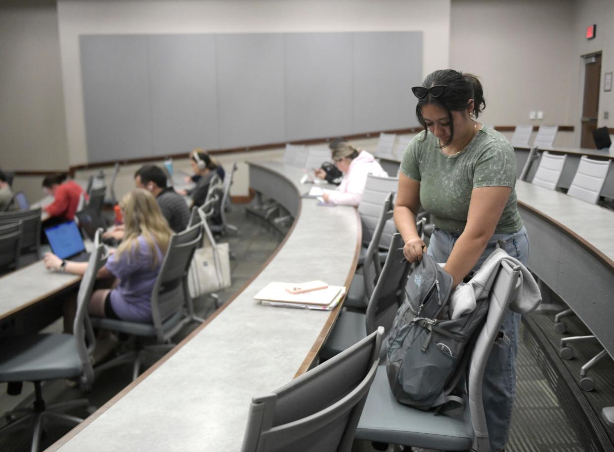 Natalie Snow attends her business class, Thursday, April 18, 2024, at Rawls College of Business at Texas Tech. Snow is a junior who changed her major to business from bio-chemical after being promoted to a manager at HTeaO.