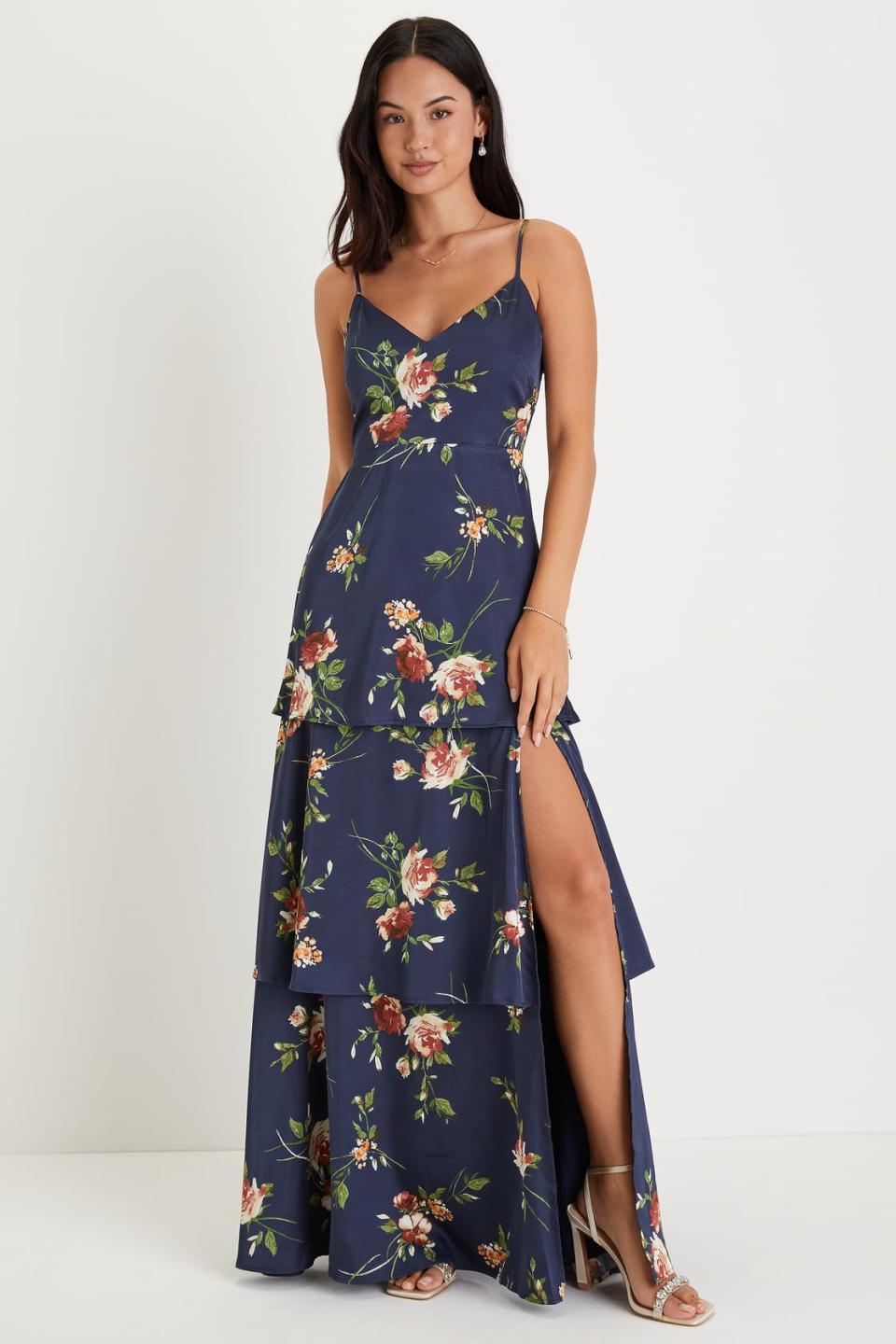 Endless Optimism Navy Blue Floral Print Satin Tiered Maxi Dress