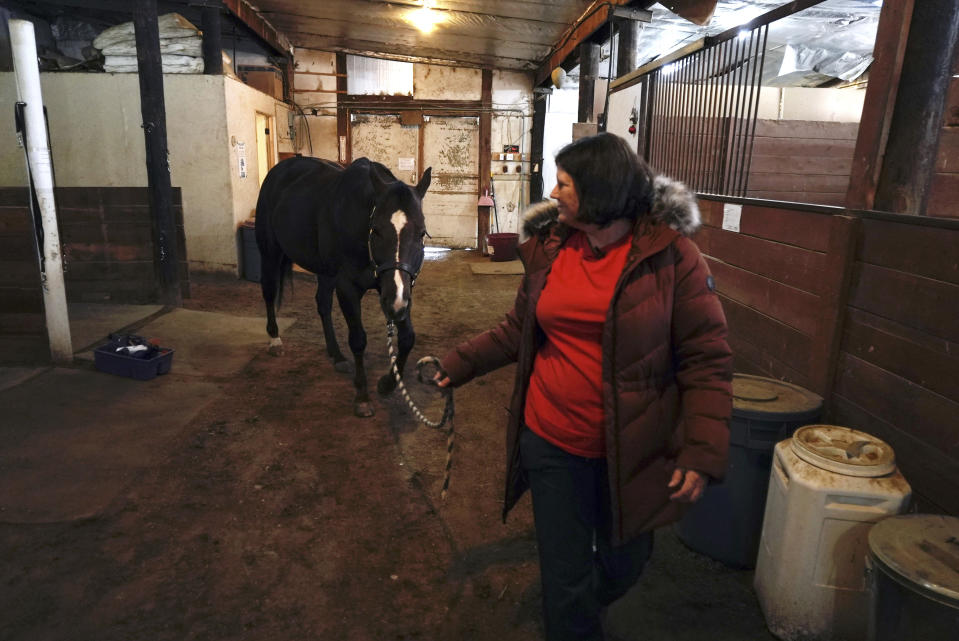 Lisa Young walks her horse, Foxy, Wednesday, Jan. 5, 2022, in Golden, Colo. She lost her home in the grass fires that hit Boulder County last week, and likely lost her two cats as well. Taking care of her horse gives her some semblance of normalcy, she said. (AP Photo/Brittany Peterson)