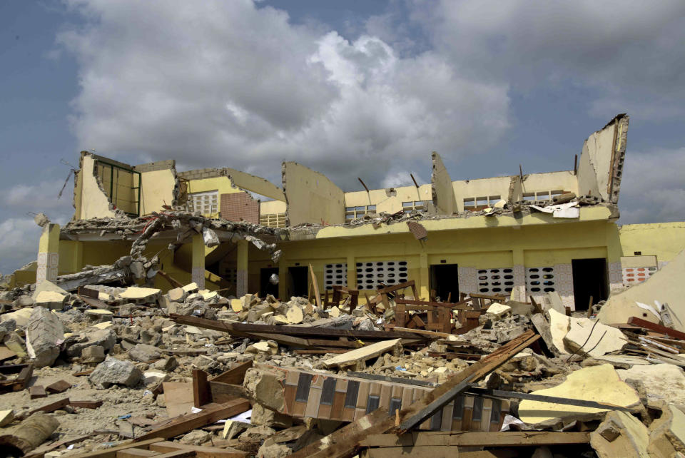 A house that was demolished on public health grounds in the Gesco neighborhood of Abidjan, Ivory Coast, Wednesday, Feb. 28, 2024. Rapid urbanisation has led to a population boom and housing shortages in Abidjan, where nearly one in five Ivorians reside, many of them in low-income, crowded communes like the ones in the Gesco and Sebroko districts being demolished on public health grounds. (AP Photo/Diomande Ble Blonde)