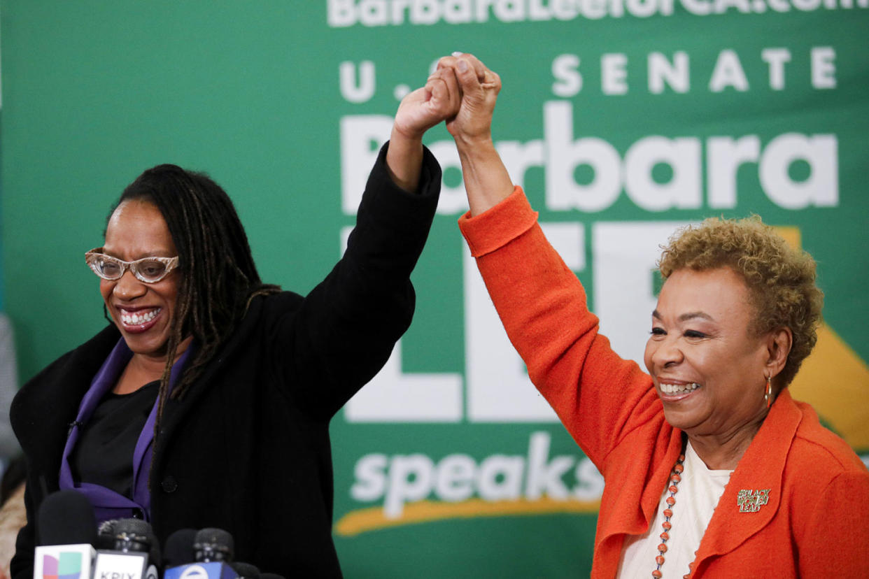 Rep. Barbara Lee, right, with Lateefah Simon. (Jane Tyska / Digital First Media / East Bay Times via Getty Images)