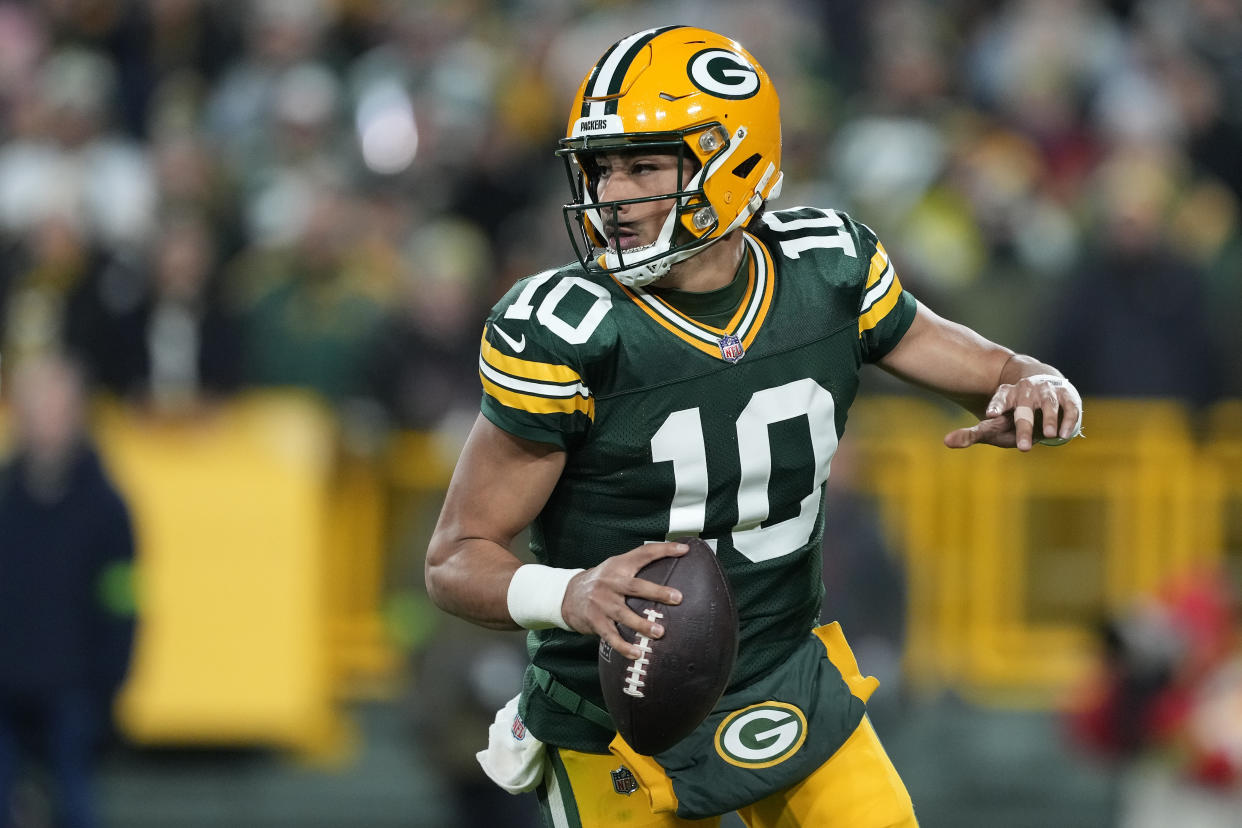 GREEN BAY, WISCONSIN - DECEMBER 03: Jordan Love #10 of the Green Bay Packers looks to pass during the second half against the Kansas City Chiefs at Lambeau Field on December 03, 2023 in Green Bay, Wisconsin. (Photo by Patrick McDermott/Getty Images)