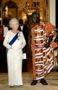 <p>Queen Elizabeth greeted the President of Ghana in her finest white evening gown.<br><i>[Photo: PA]</i> </p>