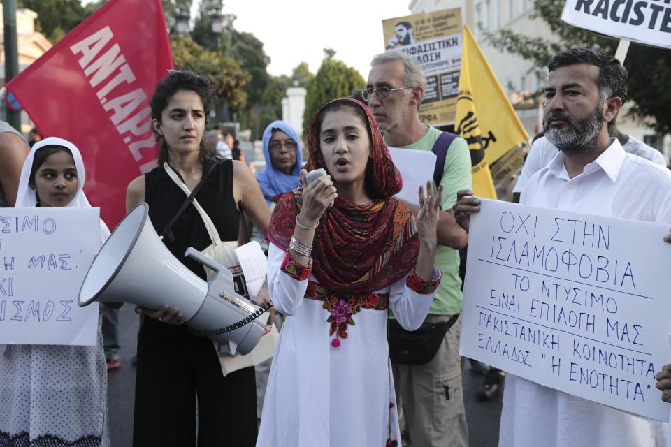 Protesters demonstrate against discrimination of&nbsp;Muslim women in Athens, Greece on Aug. 30, 2016 after 15 French towns introduced and started to enforce a ban on the burkini.