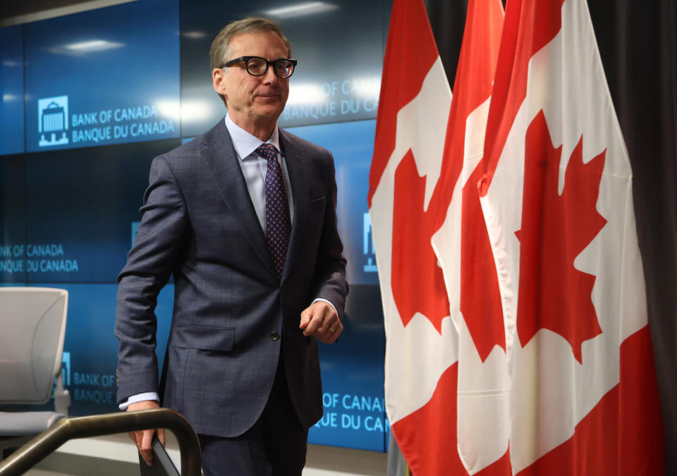 Governor of the Bank of Canada Tiff Macklem leaves after a press conference at the Bank of Canada in Ottawa after the release of the 2023 bank's financial system review on Thursday, May 18, 2023. THE CANADIAN PRESS/ Patrick Doyle