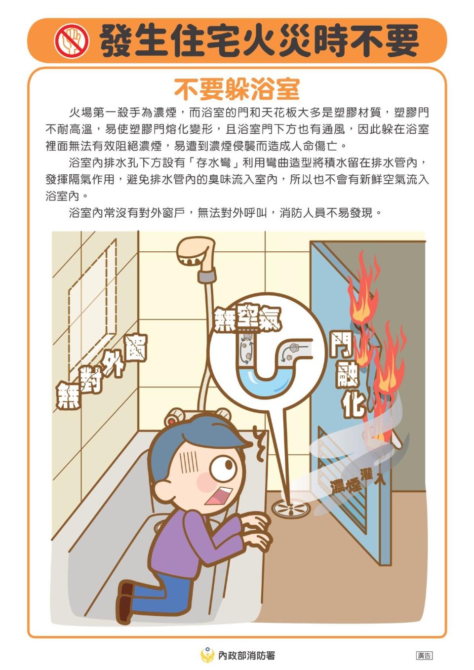 消防署提醒火災千萬別躲浴室。（翻攝自消防署臉書粉專）