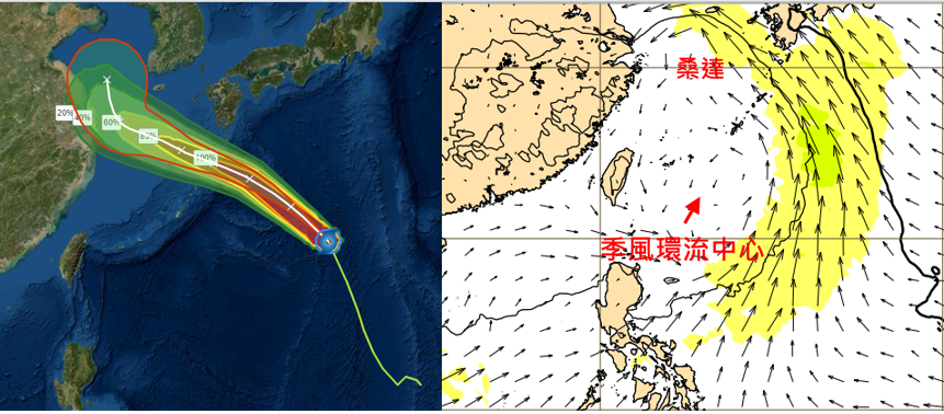 28日20時歐洲（ECMWF）模式，模擬29日20時850百帕等高線及風場圖顯示，「季風環流」的中心及西側結構較鬆散，東側的「西南季風」則較強。（翻攝自「三立準氣象· 老大洩天機」）