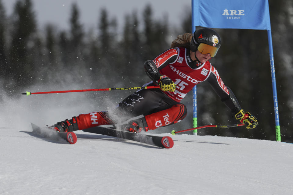 Canada's Valerie Grenier speeds down the course during an alpine ski, women's World Cup giant slalom race, in Are, Sweden, Friday, March 10, 2023. (AP Photo/Alessandro Trovati)