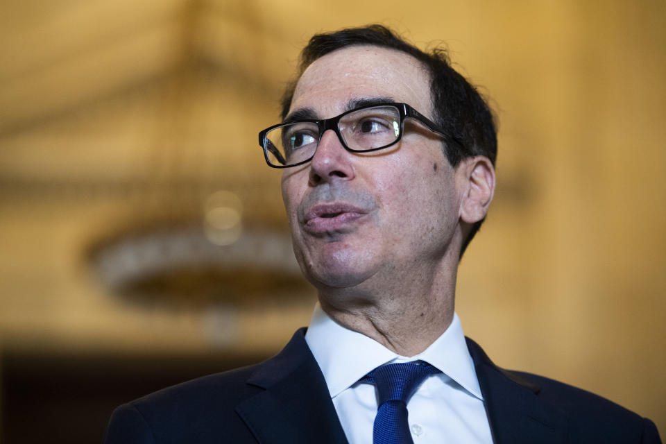 UNITED STATES - MARCH 17: Treasury Secretary Steven Mnuchin, delivers remarks on the coronavirus relief package after the Senate Republican Policy luncheon in Russell Building on Tuesday, March 17, 2020. (Photo By Tom Williams/CQ-Roll Call, Inc via Getty Images)