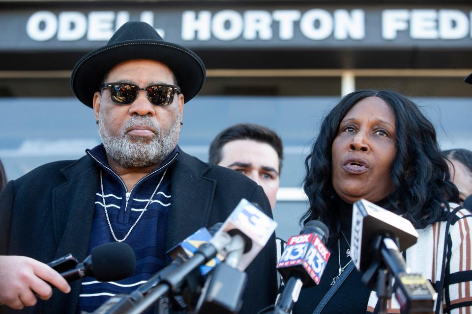 Rodney and RowVaughn Wells, the parents of Tyre Nichols, speak to the press outside Odell Horton Federal Building after Desmond Mills Jr., one of the now-former Memphis police officers indicted both at the federal and state levels in connection to the beating and death of Tyre Nichols, entered a plea deal in the federal case against him in Downtown Memphis, Tenn., on Thursday, November 2, 2023.