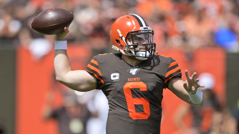 Cleveland Browns quarterback Baker Mayfield throws during the first half in an NFL football game against the Tennessee Titans, Sunday, Sept. 8, 2019, in Cleveland. (AP Photo/David Richard)