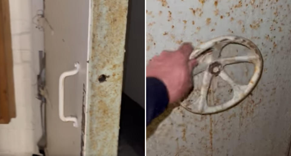 A metal hatch door is pictured for a bomb shelter in a New York house.