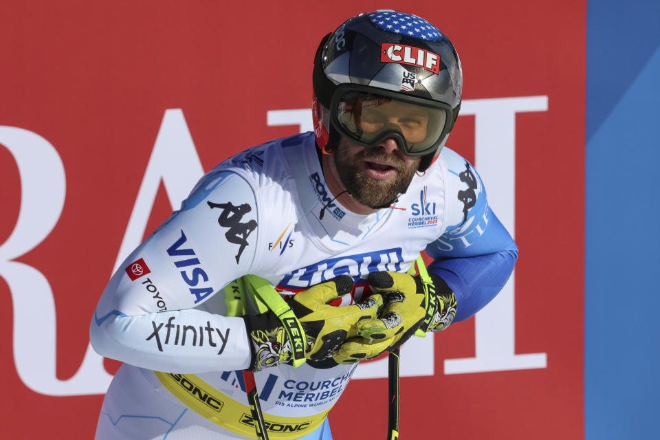 United States' Travis Ganong gets to the finish area after completing the alpine ski, men's World Championship downhill, in Courchevel, France, Sunday, Feb. 12, 2023. (AP Photo/Marco Trovati)