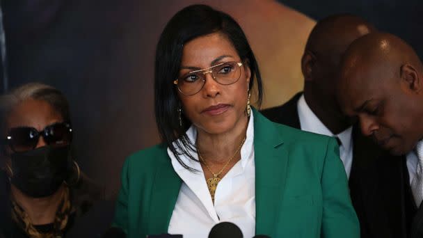 PHOTO: Ilyasah Shabazz, the daughter of civil rights leader Malcolm X, speaks at a press conference at The Malcolm X & Dr. Betty Shabazz Memorial and Educational Center in New York City on Feb. 21, 2023. (Michael M. Santiago/Getty Images)