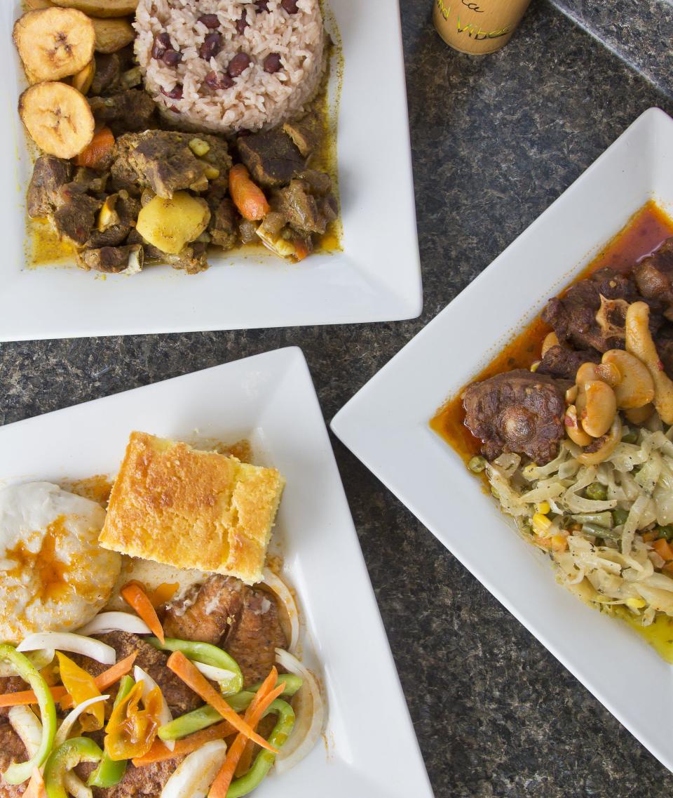 Various menu items from the Jamaican carryout restaurant Island Vibes in South Linden.