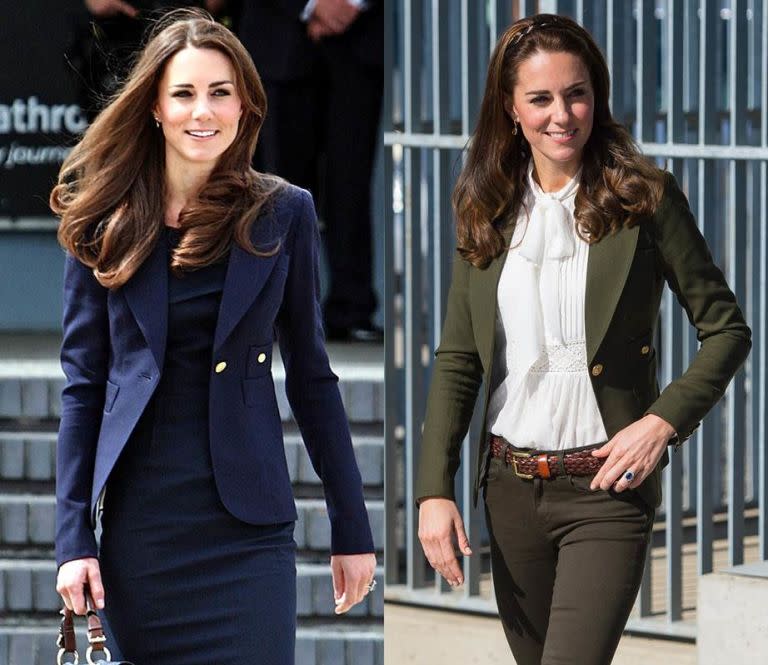 <p>Aside from dresses, Kate also owns this Smythe blazer (aptly called 'The Duchess blazer') in both navy and olive green.</p>