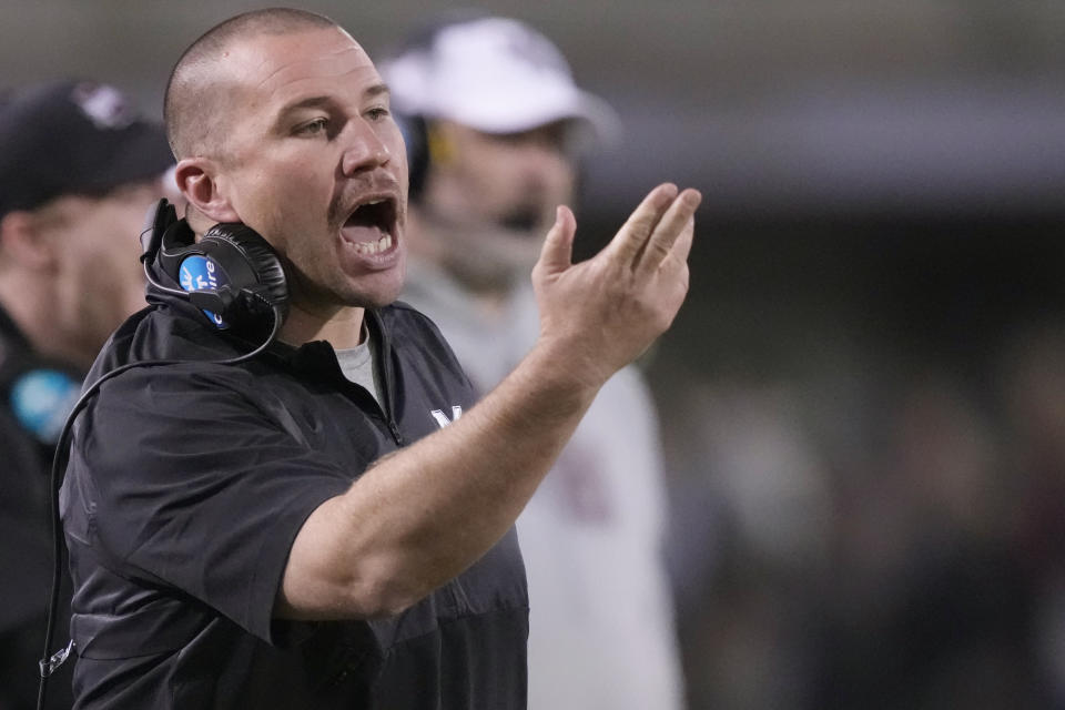 FILE - Mississippi State coach Zach Arnett protests an official's call during the second half of the team's NCAA college football game against Kentucky in Starkville, Miss., Saturday, Nov. 4, 2023. Mississippi State fired coach Zach Arnett on Monday, Nov. 13, 2023, just 10 games into his first season on the job as the late Mike Leach's replacement.(AP Photo/Rogelio V. Solis, File)