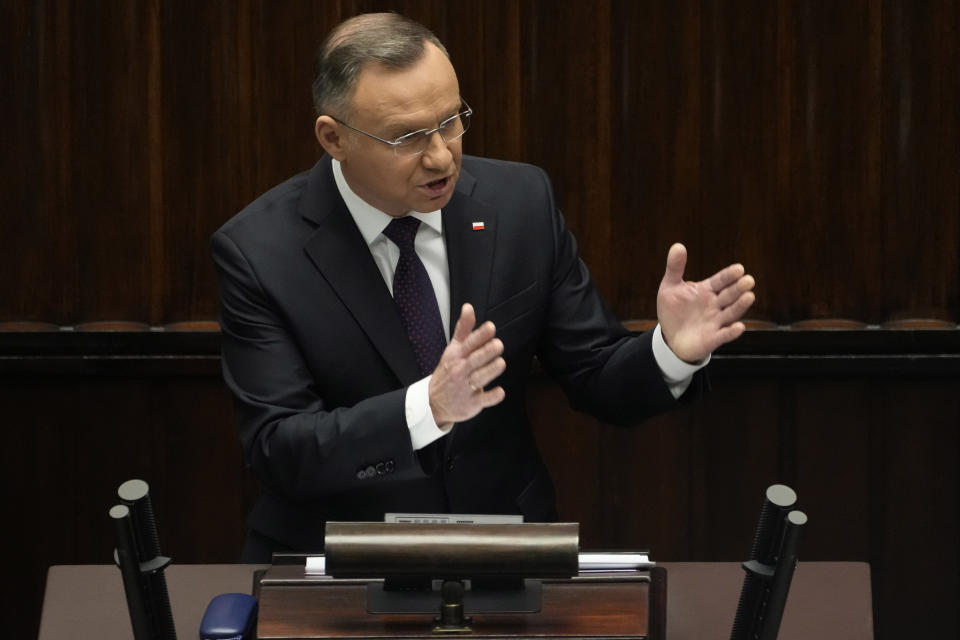 Poland's President Andrzej Duda speaks during the first session of the lower house, or Sejm, of the newly-elected parliament in Warsaw, Poland, Monday Nov. 13, 2023. The Polish parliament gathered for the first time Monday after an election last month heralded a change of course for the Central European nation at a time of war across the border in Ukraine. (AP Photo/Czarek Sokolowski)