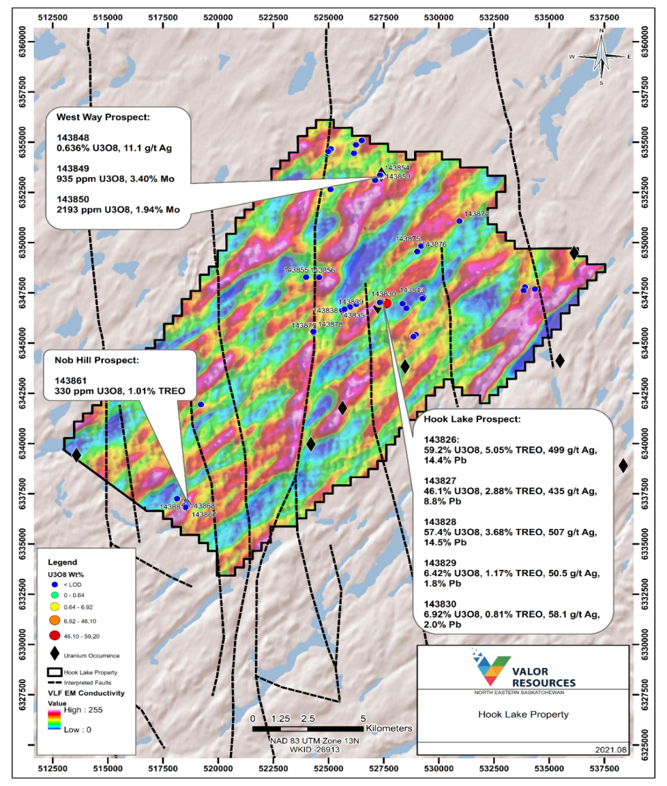 Map 1: Samples results across the Hook Lake Property