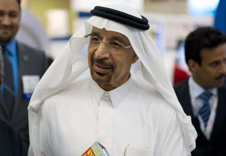 Khalid al-Falih speaks to the media during Petrotech 2014 (a petrochemicals conference) at the Bahrain International Exhibition Centre in Manama May 19, 2014. REUTERS/Hamad I Mohammed