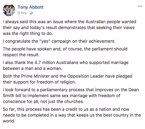 Tony Abbott has also taken to social media to share his respect for the Yes landslide. Source: Facebook